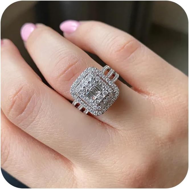 Sdouefos Store 18K White Gold Plated Cubic Zirconia Promise Engagement Promise Eternity Ring for Women 925 Sterling Silver Shiny Diamond Ring Cubic Zirconia Cocktail Rings CZ Eternity Ring for Women Size 7 - Image 1